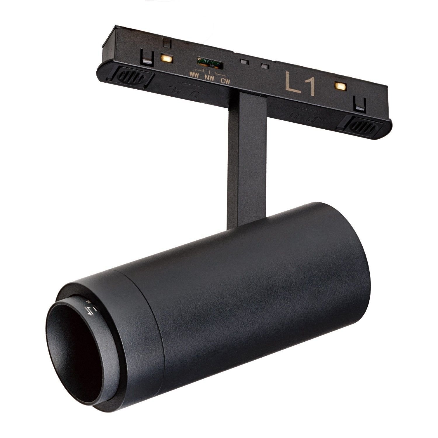 Czarna lampa LED o cylindrycznym kształcie, zamontowana na prostokątnej podstawie z oznaczeniem \'L1\'.