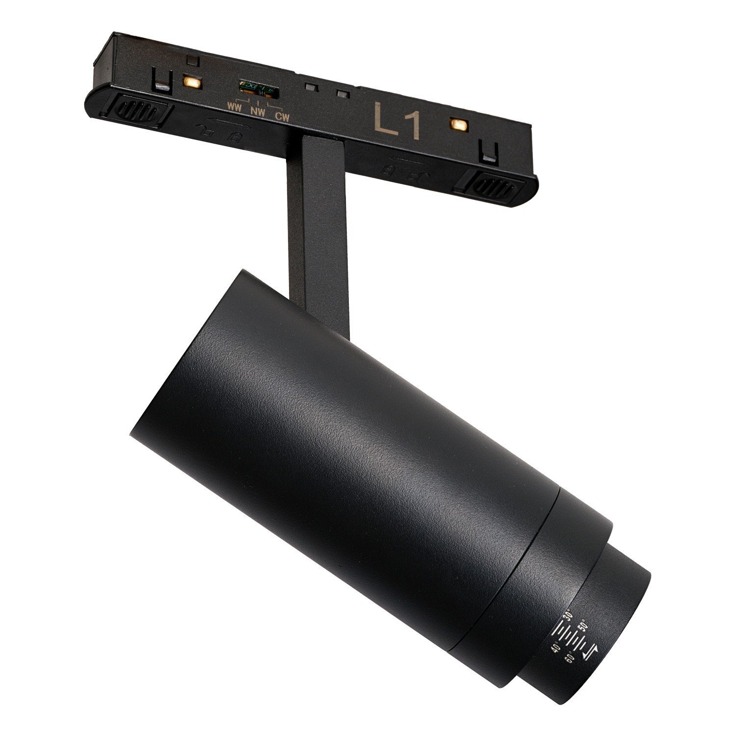 Czarna lampa spot LED o cylindrycznym kształcie, zamontowana na prostokątnej podstawie z oznaczeniem \'L1\'. Widoczne są przełączniki z oznaczeniami \'WW\', \'NW\', \'CW\'.