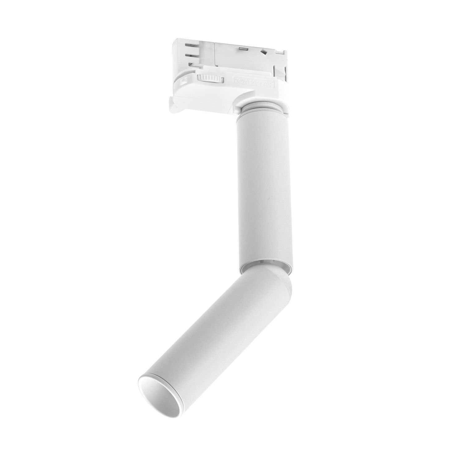 Biała lampa reflektorowa LED z regulowanym ramieniem, przeznaczona do montażu na szynie. Produkt ma cylindryczny kształt i minimalistyczny design.