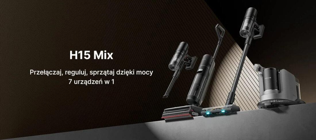 Na obrazie widoczny jest odkurzacz z mopem w kilku konfiguracjach oraz tekst: \'H15 Mix Przełączaj, reguluj, sprzątaj dzięki mocy 7 urządzeń w 1\'.