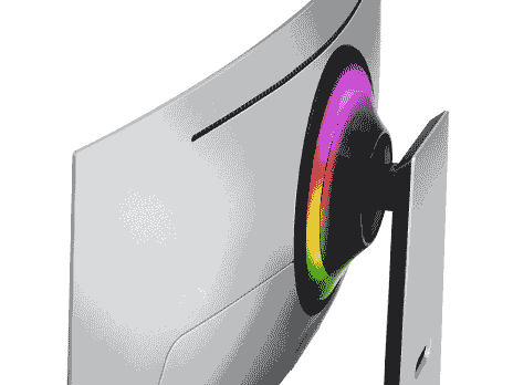 Tył zakrzywionego monitora z widocznym okrągłym podświetleniem RGB. Monitor jest zamontowany na stojaku.