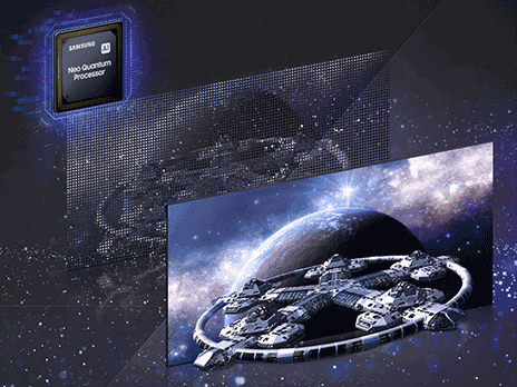 Obraz przedstawia futurystyczną stację kosmiczną na tle gwiazd i planety, z widocznym logo \'Neo Quantum Processor\'.