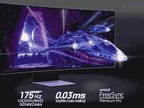 Monitor wyświetla dynamiczną grafikę z futurystycznym statkiem kosmicznym na tle miasta. Na dole widoczne są napisy: \'175 Hz CZĘSTOTLIWOŚĆ ODŚWIEŻANIA\', \'0.03 ms Szybki czas reakcji\', \'AMD FreeSync Premium Pro\'.