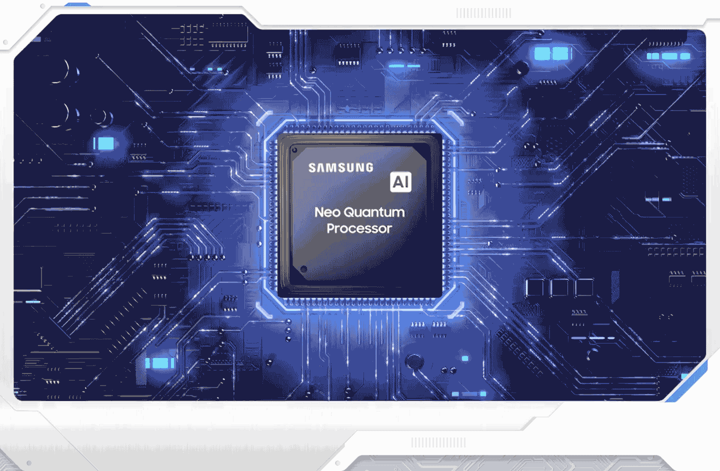 Obraz przedstawia układ scalony z napisem \'SAMSUNG AI Neo Quantum Processor\' na tle niebieskiego schematu elektronicznego.