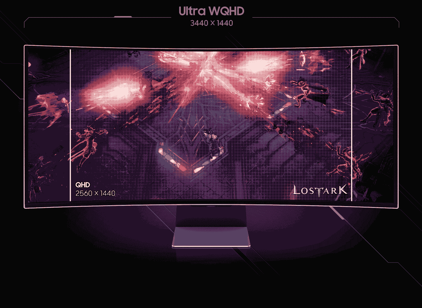 Monitor wyświetla dynamiczną scenę z gry Lost Ark, z widocznymi efektami świetlnymi i postaciami. Na ekranie widnieją napisy: \'Ultra WQHD 3440 x 1440\', \'QHD 2560 x 1440\' oraz \'LOST ARK\'.