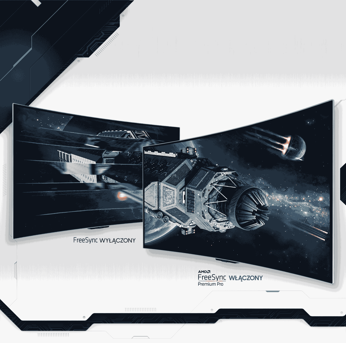 Obraz przedstawia dwa zakrzywione monitory z wyświetlonymi grafikami kosmicznymi. Widoczny tekst to \'FreeSync WYŁĄCZONY\' oraz \'AMD FreeSync WŁĄCZONY Premium Pro\'.