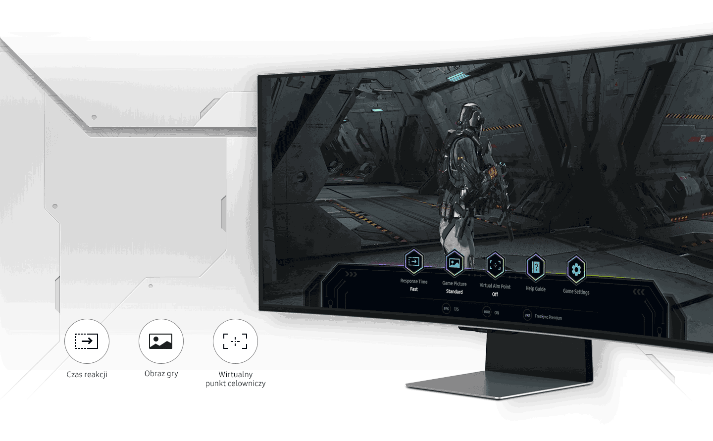 Monitor wyświetla grę z postacią w futurystycznym korytarzu. Na ekranie widoczne są ikony z napisami: \'Response Time Fast\', \'Game Picture Standard\', \'Virtual Aim Point Off\', \'Help Guide\', \'Game Settings\'.