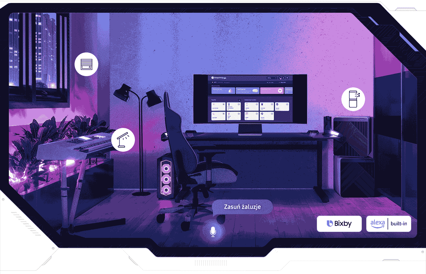Pokój z biurkiem, na którym znajduje się duży monitor, klawiatura i myszka. Na ekranie widoczny jest interfejs aplikacji, a w rogu ekranu przyciski \'Bixby\' i \'alexa built-in\'.