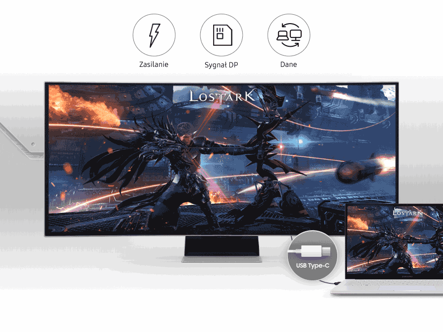 Na obrazie widoczny jest monitor wyświetlający dynamiczną scenę z gry \'Lost Ark\'. Nad monitorem znajdują się ikony z podpisami: \'Zasilanie\', \'Sygnał DP\', \'Dane\', a obok monitora laptop z tym samym obrazem i ikoną \'USB Type-C\'.
