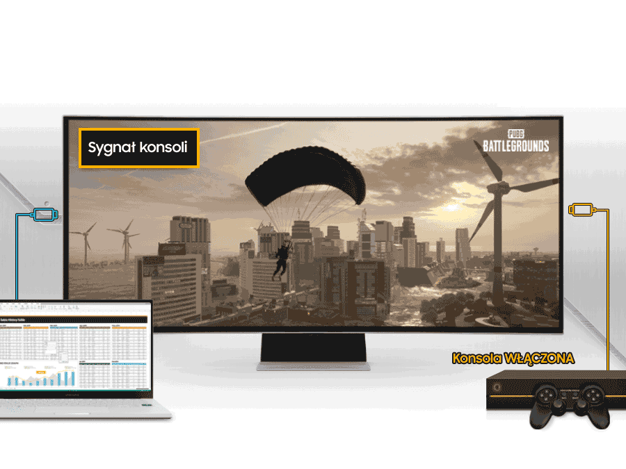 Monitor wyświetla grę z widokiem na miasto i spadochroniarza, z tekstem \'Sygnał konsoli\' oraz \'PUBG BATTLEGROUNDS\'. Obok monitora znajduje się laptop z wykresem i konsola z napisem \'Konsola WŁĄCZONA\'.