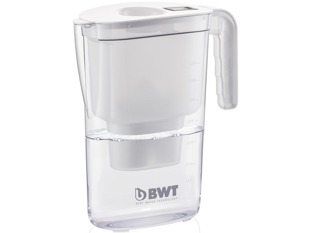 Przezroczysty dzbanek filtrujący z białą pokrywą i uchwytem, z widocznym logo \'BWT Best Water Technology\'.