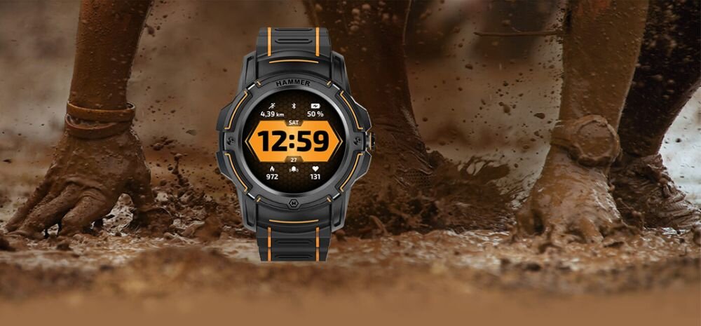 Smartwatch HAMMER Watch Plus  ekran bateria czujniki zdrowie sport pasek ładowanie pojemność rozdzielczość łączność sterowanie krew puls rozmowy smartfon aplikacja 