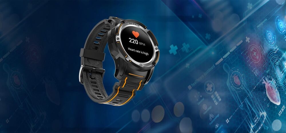 Smartwatch HAMMER Watch Plus  ekran bateria czujniki zdrowie sport pasek ładowanie pojemność rozdzielczość łączność sterowanie krew puls rozmowy smartfon aplikacja 