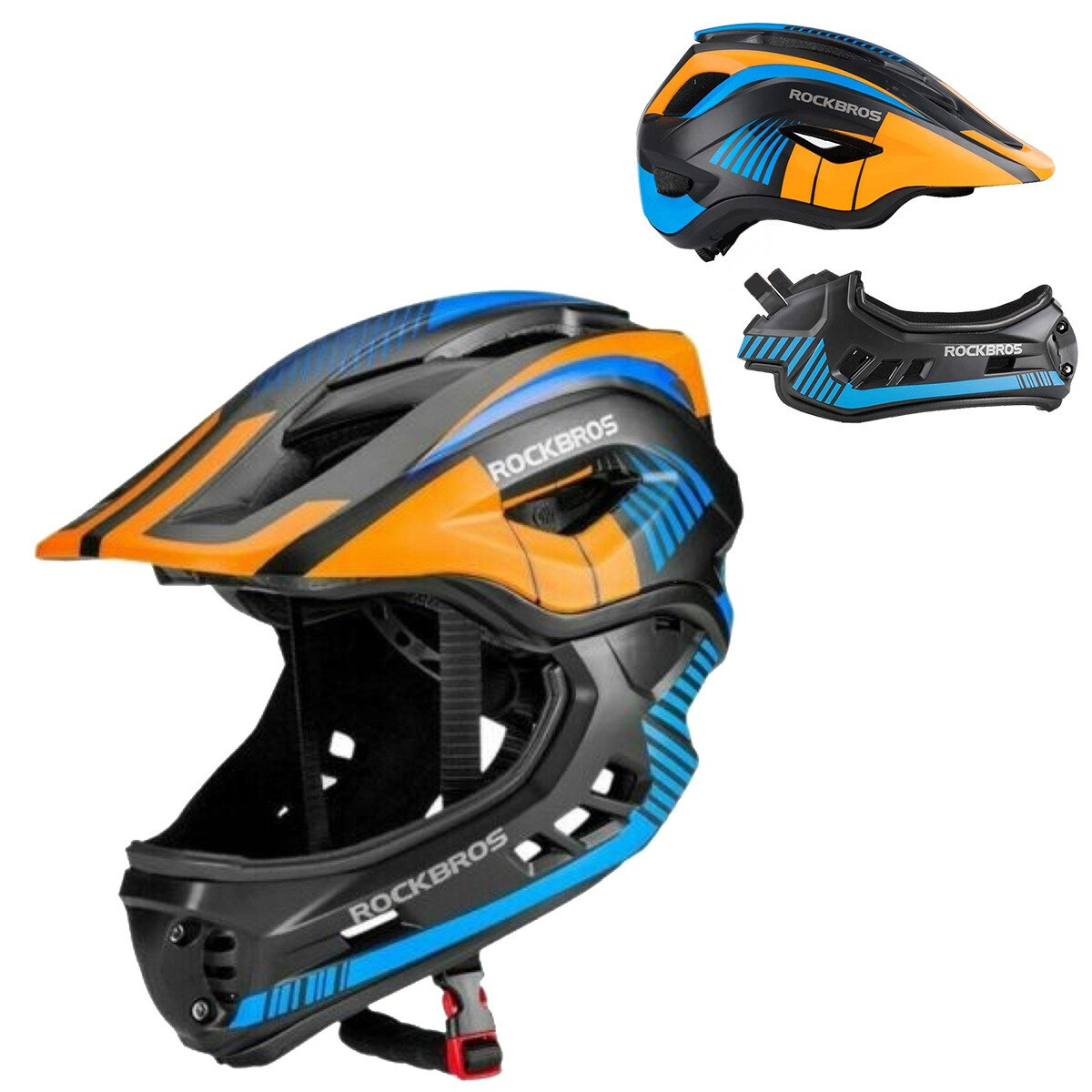 Kask rowerowy dziecięcy w kolorach pomarańczowym, niebieskim i czarnym z napisem \'ROCKBROS\'. Widoczne są trzy ujęcia kasku: z przodu, z boku i odłączona część szczękowa.