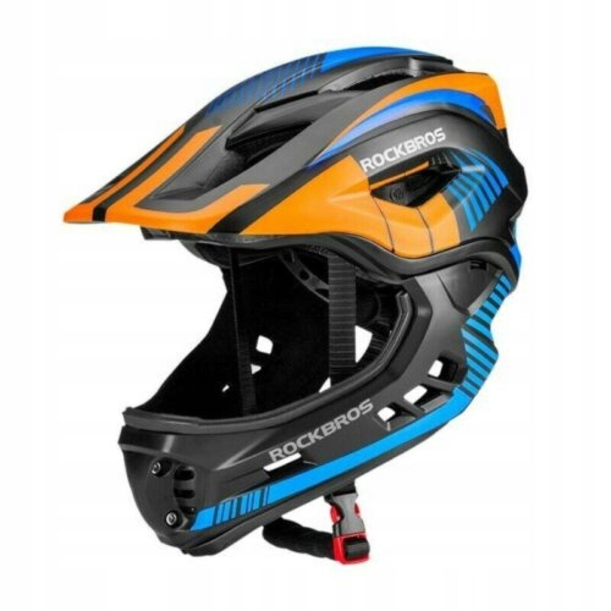 Kask rowerowy dziecięcy w kolorach pomarańczowym, czarnym i niebieskim z napisem \'ROCKBROS\'. Kask ma konstrukcję szczękową z otworami wentylacyjnymi i zapięciem na pasek.