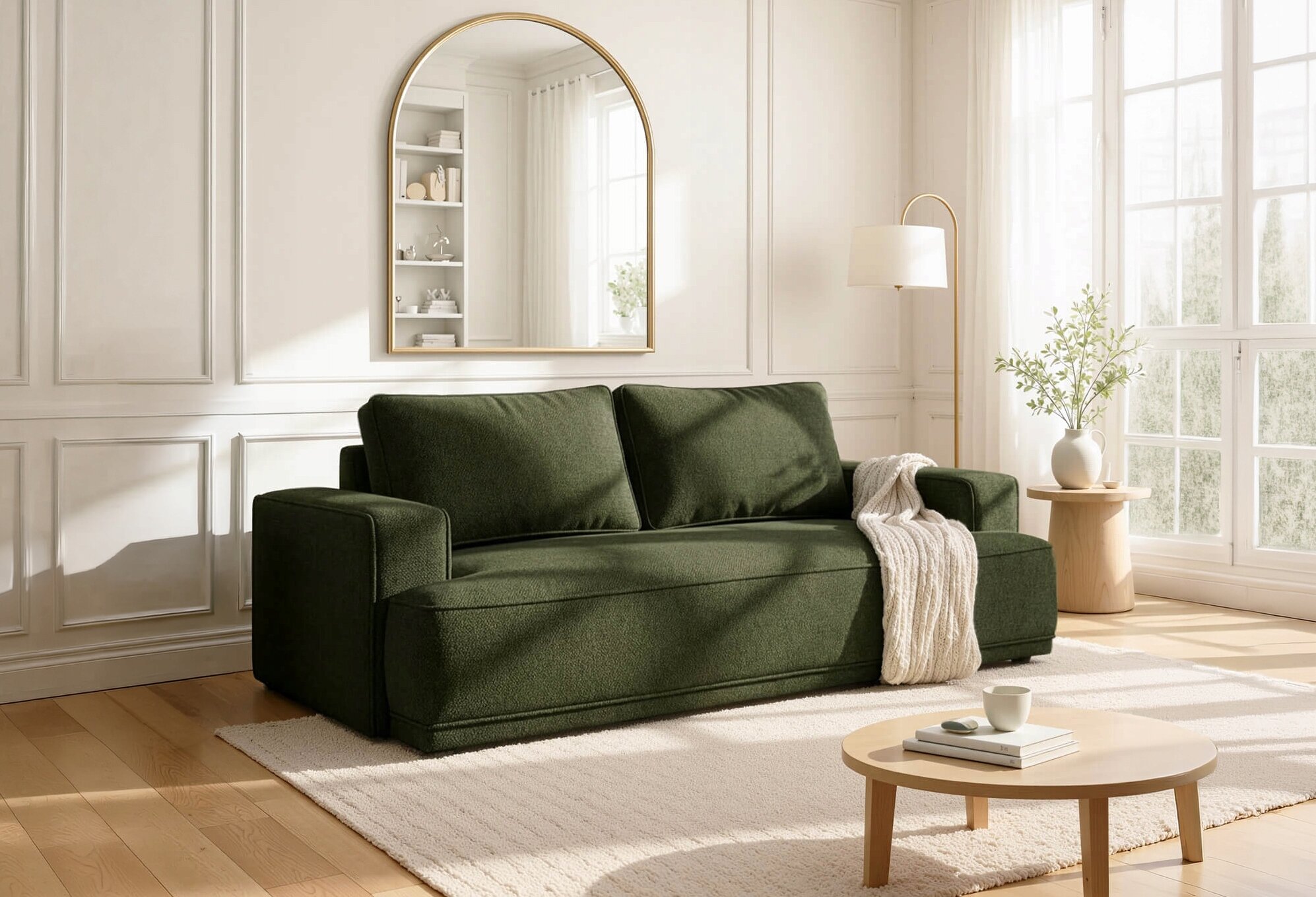 Zielona sofa rozkładana z funkcją spania znajduje się w jasnym salonie z dużymi oknami. Obok sofy stoi lampa podłogowa i stolik z rośliną w wazonie.