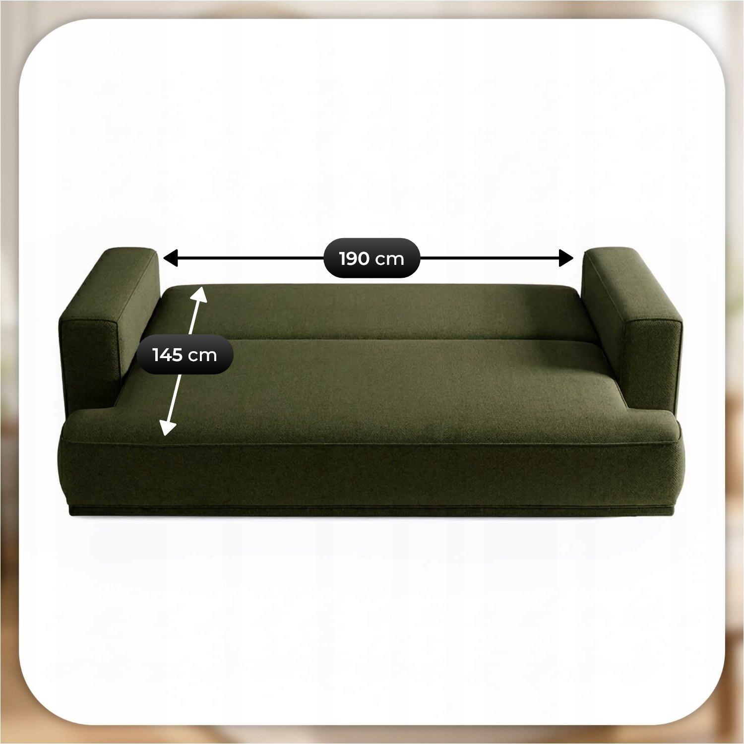 Zielona sofa rozkładana z funkcją spania, z podłokietnikami po obu stronach. Na sofie widoczne są wymiary: 190 cm długości i 145 cm szerokości.