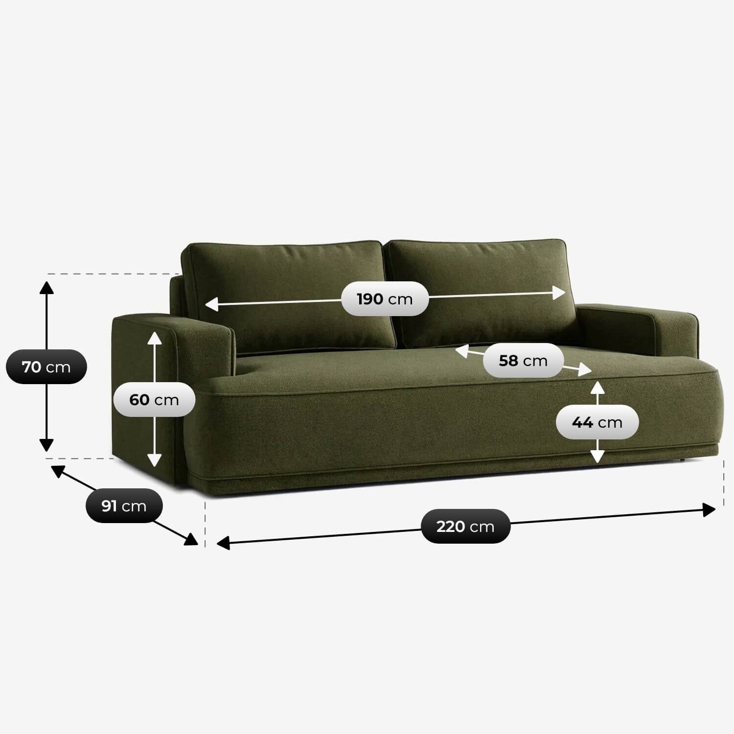 Zielona sofa z funkcją spania, z podanymi wymiarami: szerokość 220 cm, głębokość 91 cm, wysokość 70 cm, szerokość siedziska 190 cm, głębokość siedziska 58 cm, wysokość siedziska 44 cm, wysokość podłokietnika 60 cm.