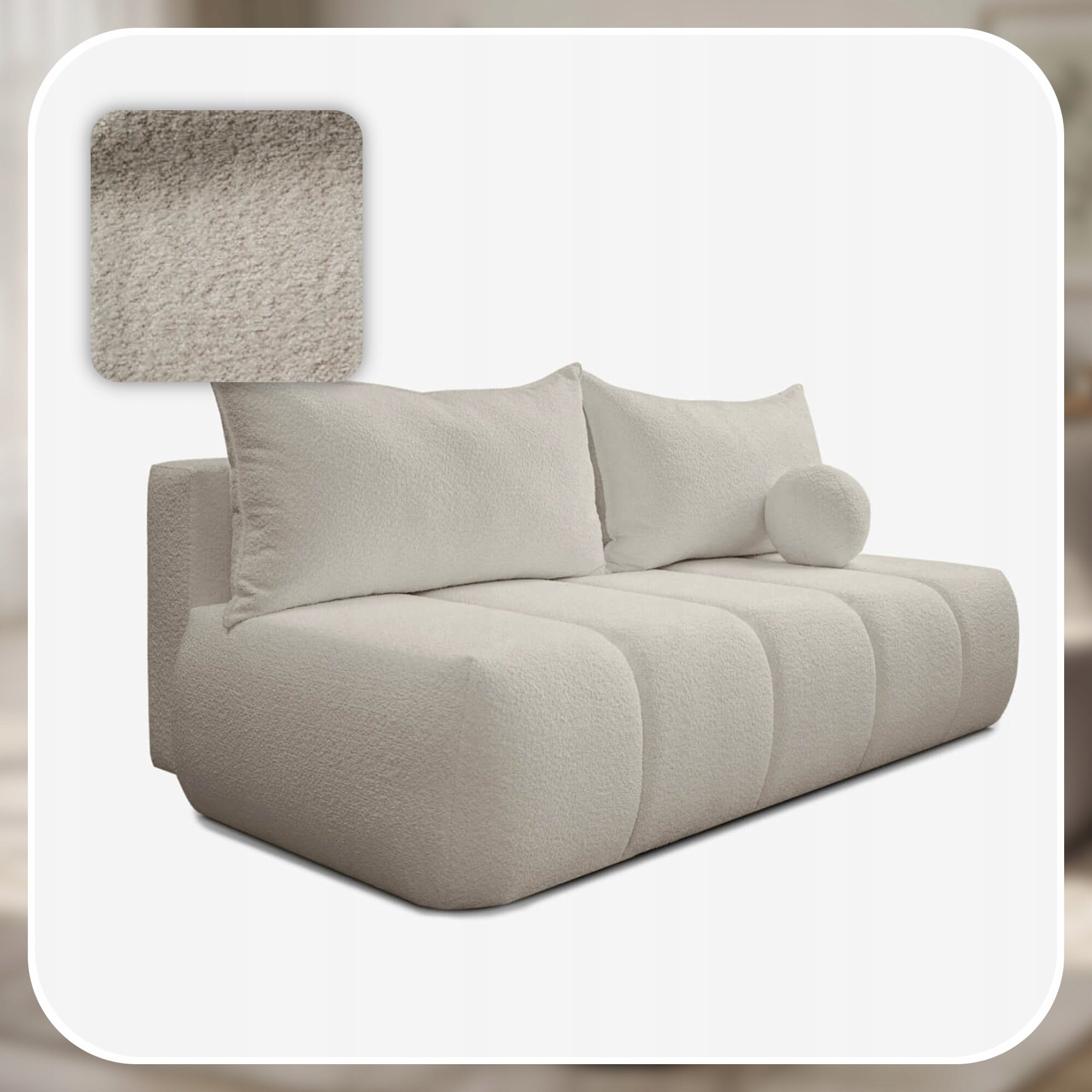 Kremowa sofa rozkładana z funkcją spania, z dwoma dużymi poduszkami i jedną okrągłą. W lewym górnym rogu widoczny jest zbliżenie na teksturę materiału obicia.