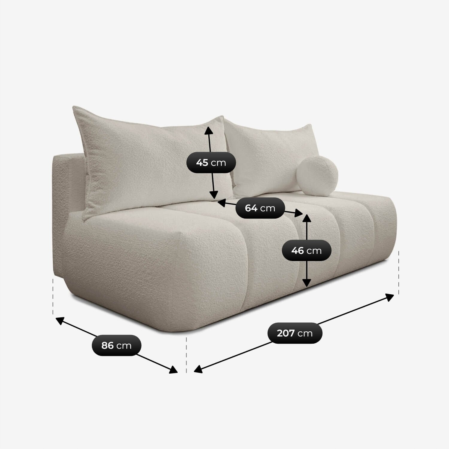 Kremowa sofa rozkładana z funkcją spania, z poduszkami i wałkiem, o wymiarach: wysokość oparcia 45 cm, głębokość siedziska 64 cm, wysokość siedziska 46 cm, szerokość 86 cm, długość 207 cm.