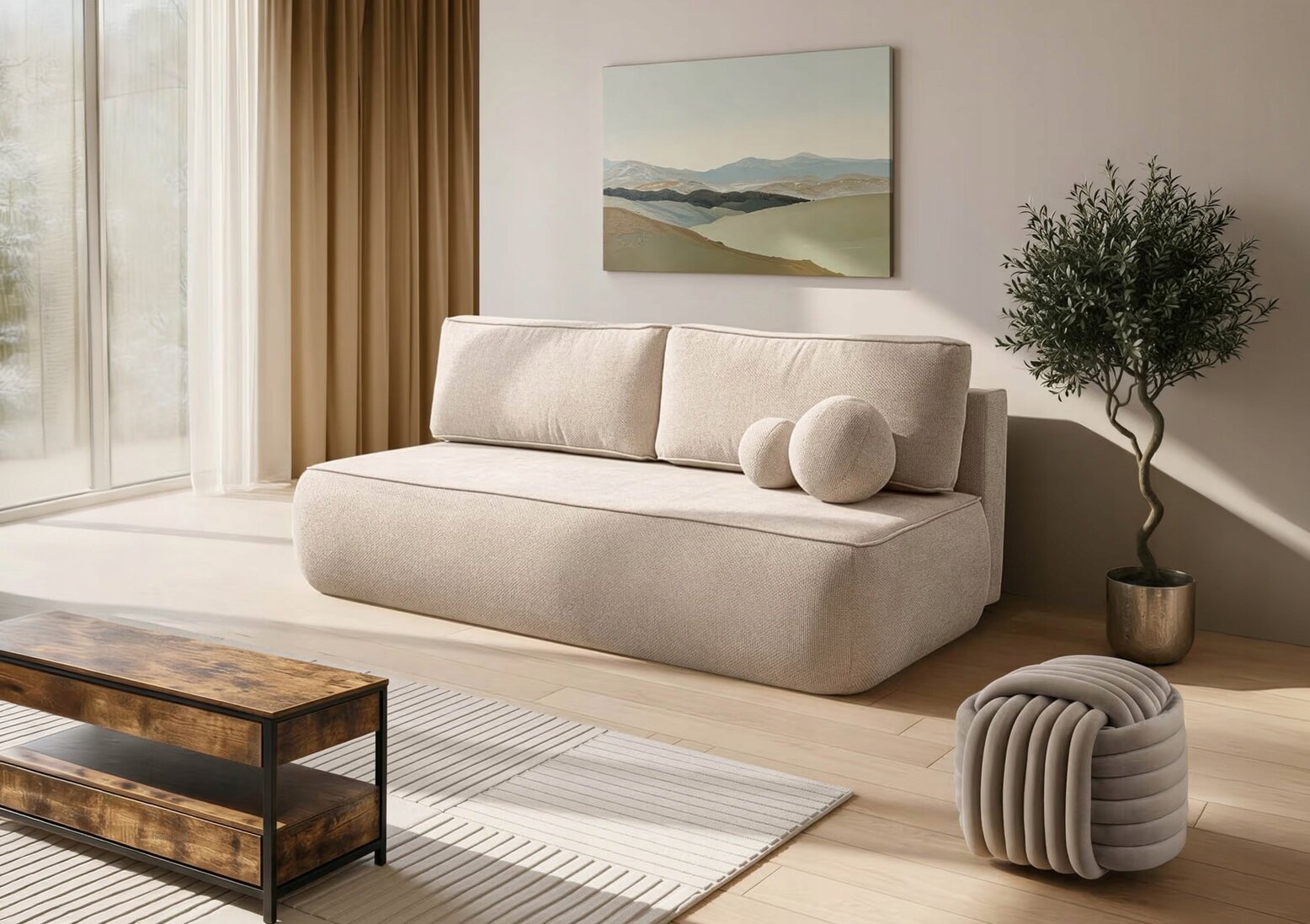 Kremowa sofa rozkładana z funkcją spania znajduje się w nowoczesnym salonie. Obok sofy stoi roślina w doniczce, a na ścianie wisi obraz przedstawiający krajobraz.