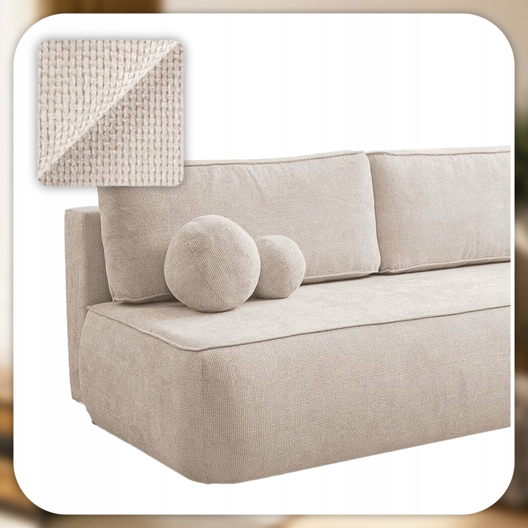 Kremowa sofa z funkcją spania, z widocznymi poduszkami o okrągłym kształcie. W lewym górnym rogu znajduje się zbliżenie na teksturę materiału obicia.