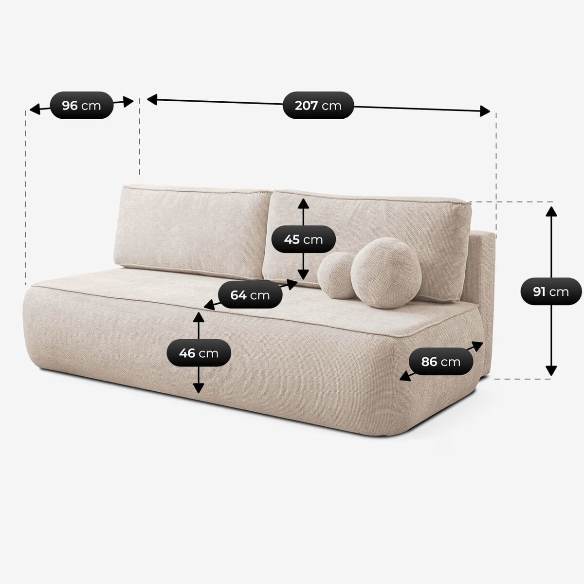 Kremowa sofa rozkładana z funkcją spania, przedstawiona z wymiarami: 207 cm szerokości, 96 cm głębokości, 91 cm wysokości, siedzisko o głębokości 64 cm i wysokości 46 cm, oraz oparcie o wysokości 45 cm. Sofa posiada dwa okrągłe poduszki dekoracyjne.