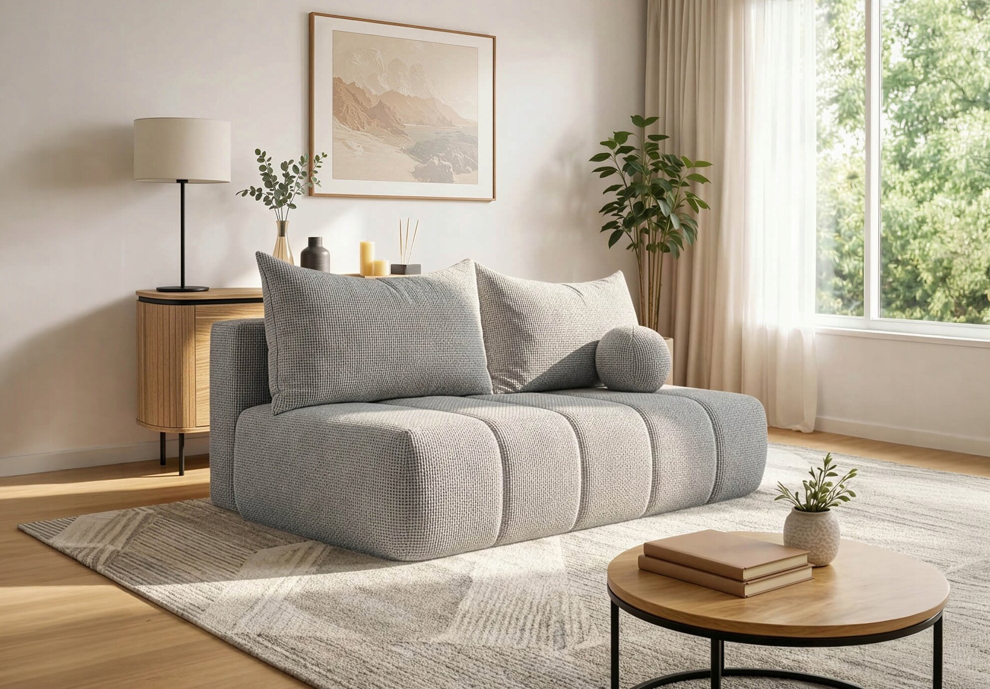 Jasnoszara sofa rozkładana z dużymi poduszkami stoi na dywanie w jasnym, nowoczesnym salonie. W tle znajduje się stolik z lampą, rośliną i dekoracjami oraz duże okno z zasłonami.