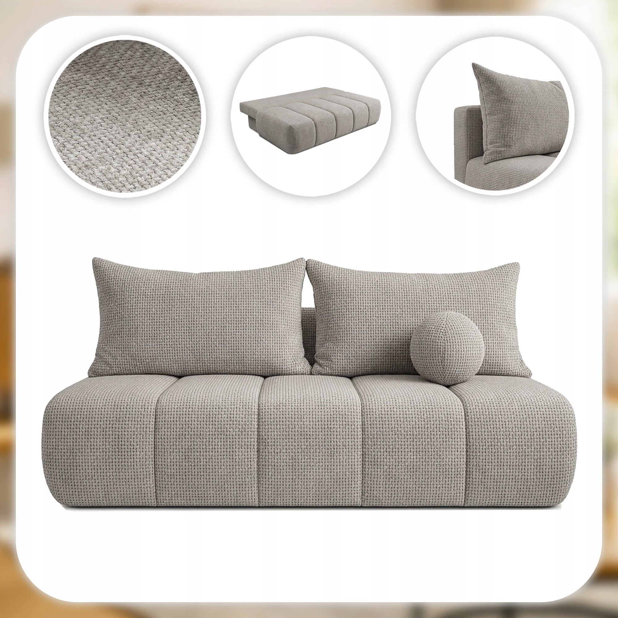 Jasnoszara sofa z trzema dużymi poduszkami i jedną okrągłą poduszką dekoracyjną. Obok widoczne są zbliżenia na teksturę materiału, rozłożoną funkcję spania oraz detal poduszki.