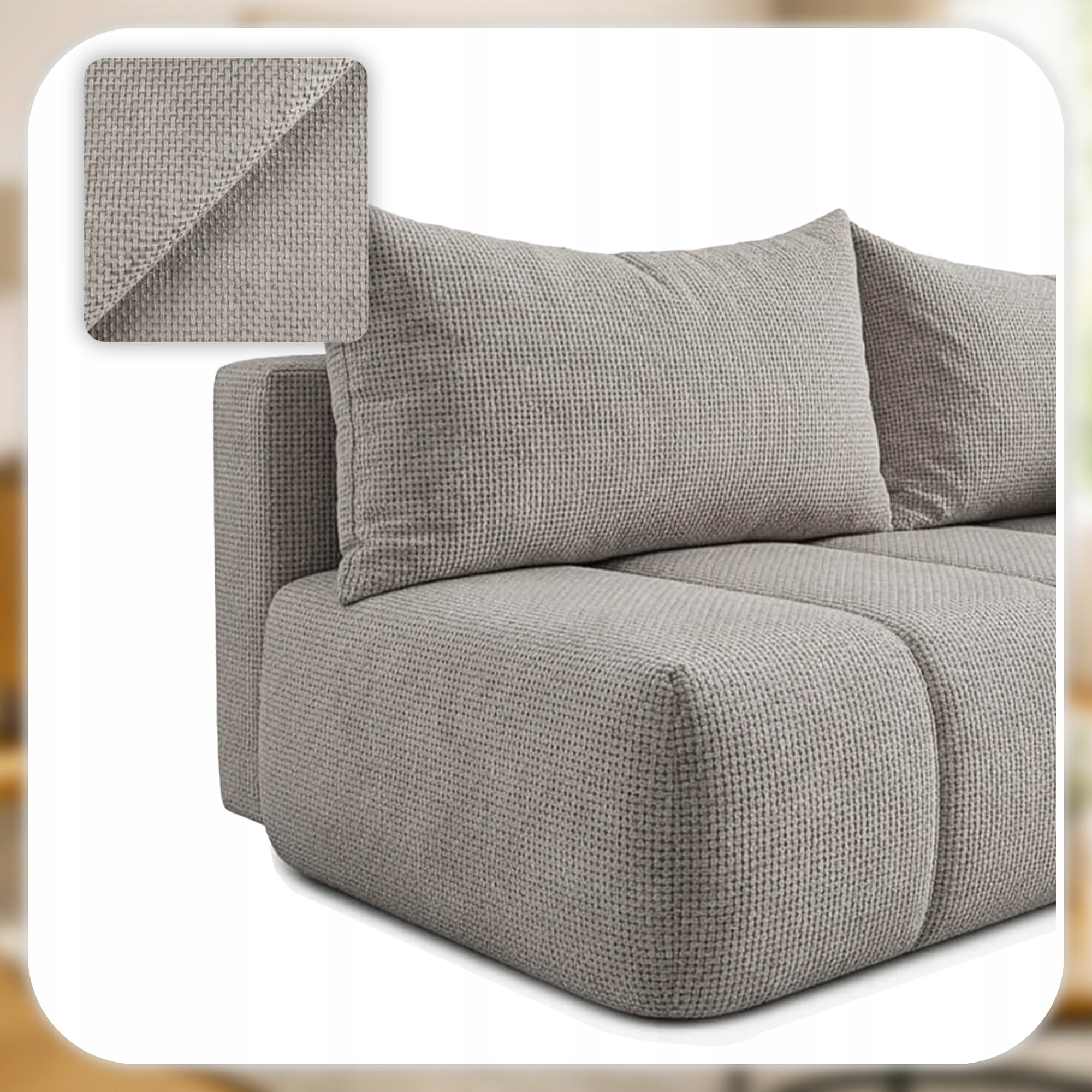 Jasnoszara sofa z funkcją spania, z widoczną teksturą materiału. Na obrazie pokazano również zbliżenie na wzór tkaniny.