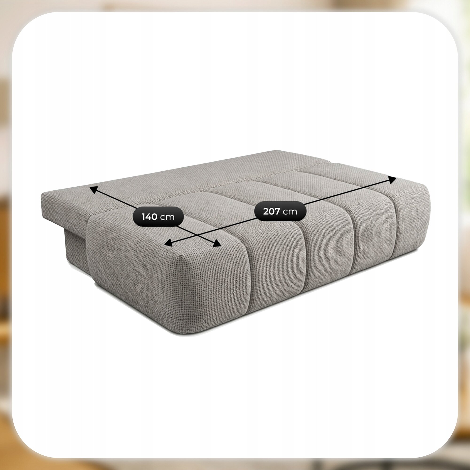 Jasnoszara sofa rozkładana z funkcją spania, przedstawiona w pozycji rozłożonej. Na powierzchni sofy widoczne są wymiary: 140 cm i 207 cm.