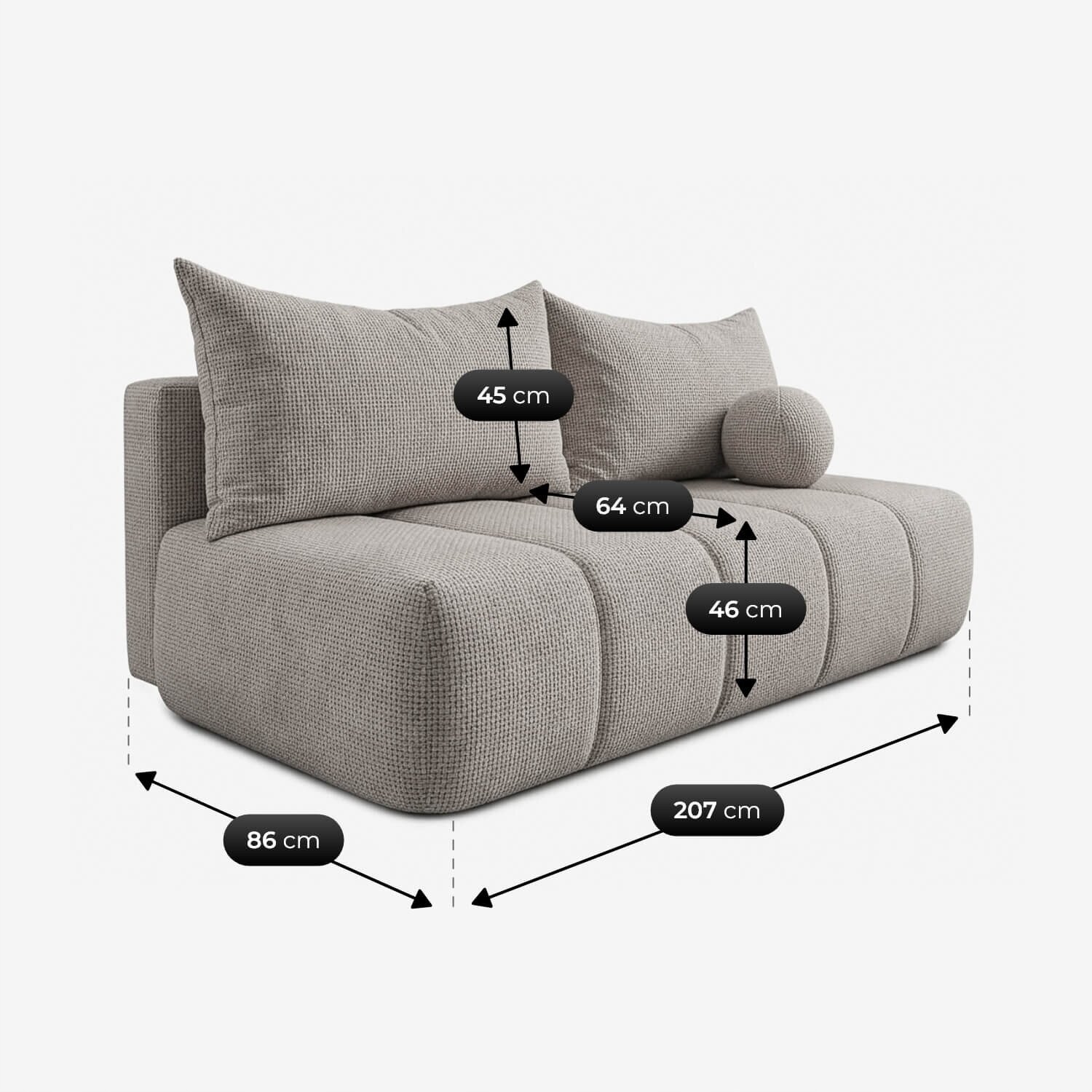 Jasnoszara sofa z funkcją spania, z poduszkami i okrągłym wałkiem, z wymiarami: wysokość oparcia 45 cm, głębokość siedziska 64 cm, wysokość siedziska 46 cm, szerokość 86 cm, długość 207 cm.