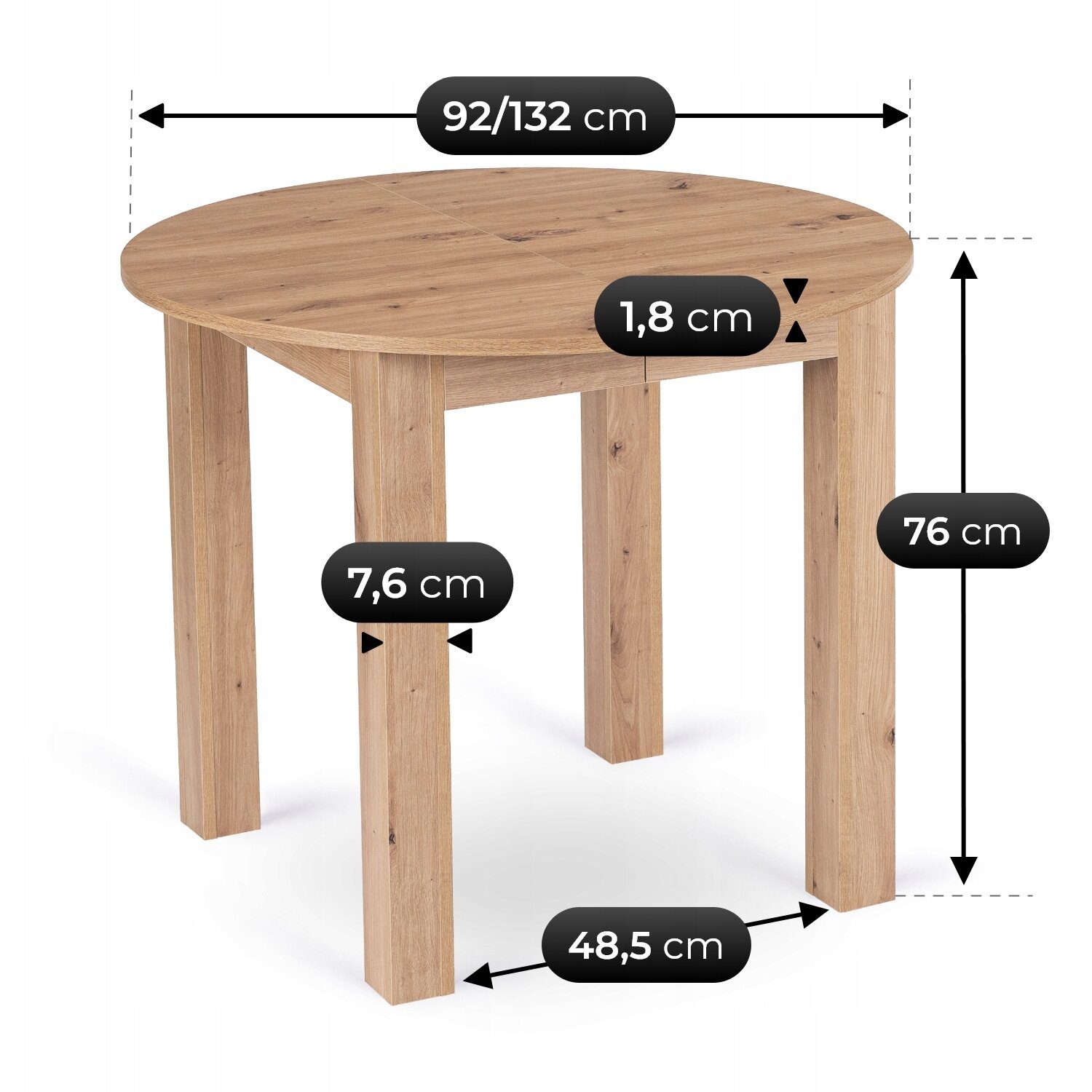 Okrągły stół z drewna o wymiarach 92/132 cm średnicy, 76 cm wysokości, z grubością blatu 1,8 cm i szerokością nóg 7,6 cm oraz rozstawem nóg 48,5 cm.