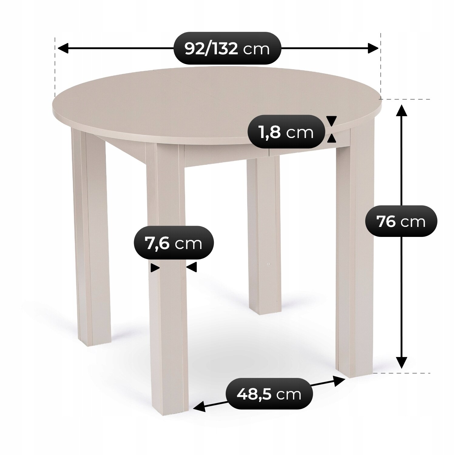 Okrągły stół rozkładany w kolorze jasnym z wymiarami: średnica 92/132 cm, wysokość 76 cm, grubość blatu 1,8 cm, szerokość nóg 7,6 cm i rozstaw nóg 48,5 cm.