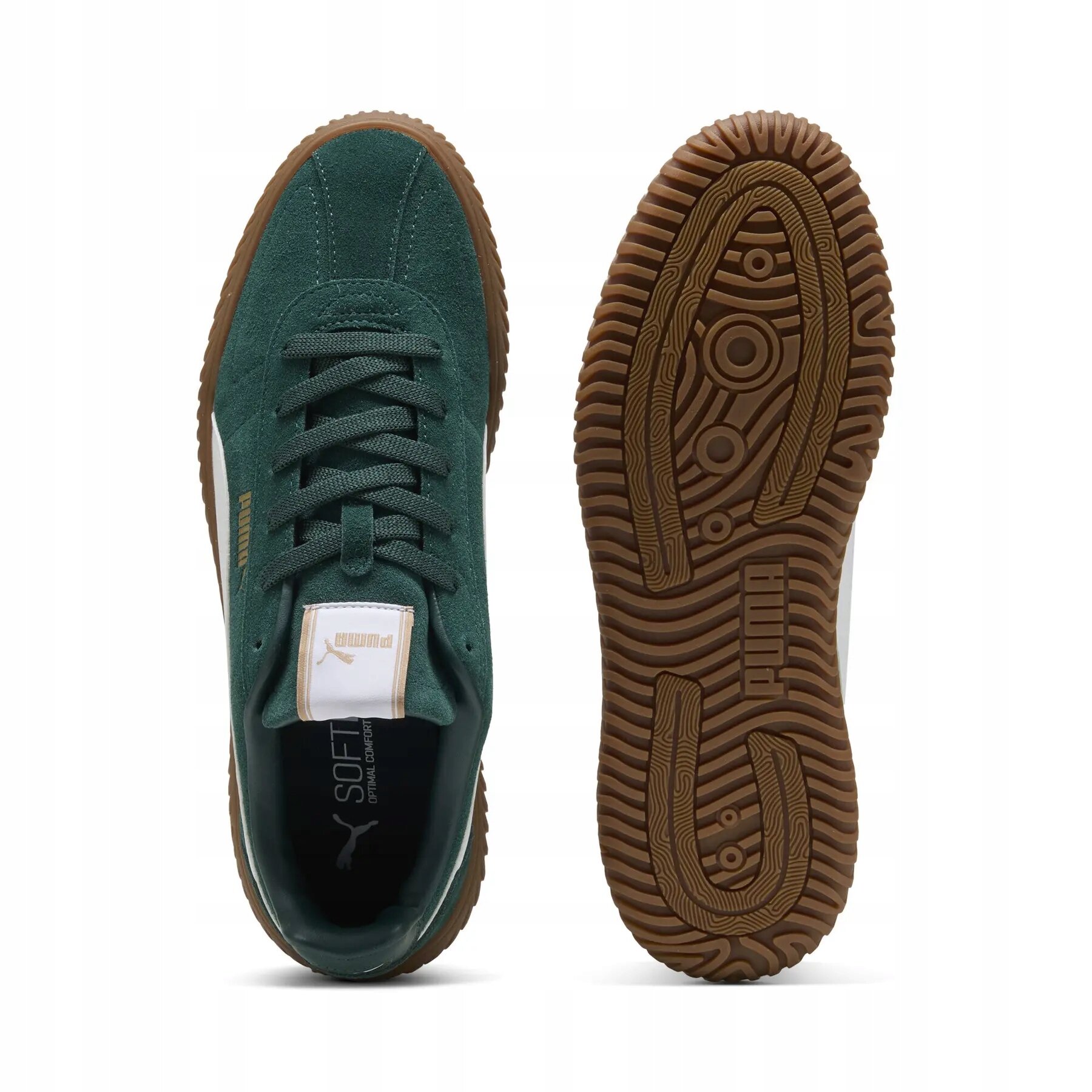 Zielone skórzane sneakersy z widocznym logo na języku i podeszwie. Podeszwa ma brązowy kolor z wyraźnym wzorem bieżnika.