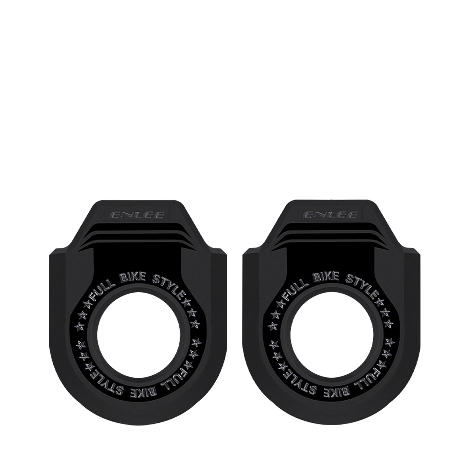 Dwa czarne elementy ochronne z otworem pośrodku, z napisem \'FULL BIKE STYLE\' oraz logo \'ENLEE\' na górze.