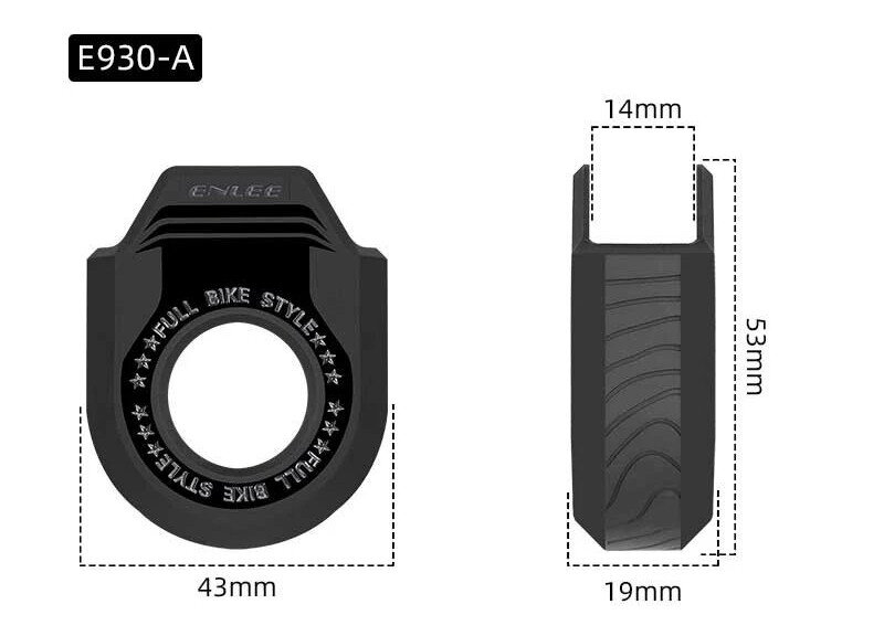 Obraz przedstawia czarną osłonę ramienia korby z napisem \'FULL BIKE STYLE\' oraz wymiarami: 43mm szerokości, 53mm wysokości i 19mm głębokości. Widoczne jest logo \'ENLEE\' oraz oznaczenie modelu \'E930-A\'.