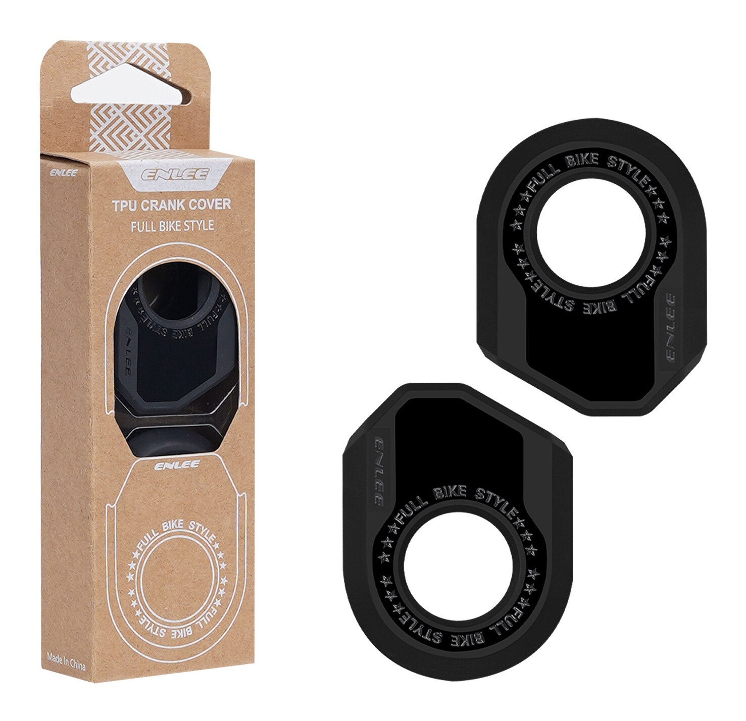 Na obrazie widoczna jest brązowa tekturowa opakowanie z napisem \'ENLEE TPU CRANK COVER FULL BIKE STYLE\'. Obok znajdują się dwie czarne osłony z napisem \'FULL BIKE STYLE\'.