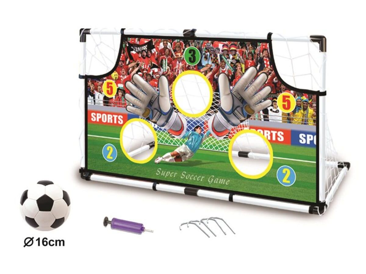 Zestaw piłkarski składa się z bramki z otworami do celowania, piłki o średnicy 16 cm, pompki i haczyków do mocowania. Na bramce widoczny jest napis \'Super Soccer Game\' oraz liczby 2, 3, 5 w kolorowych okręgach.