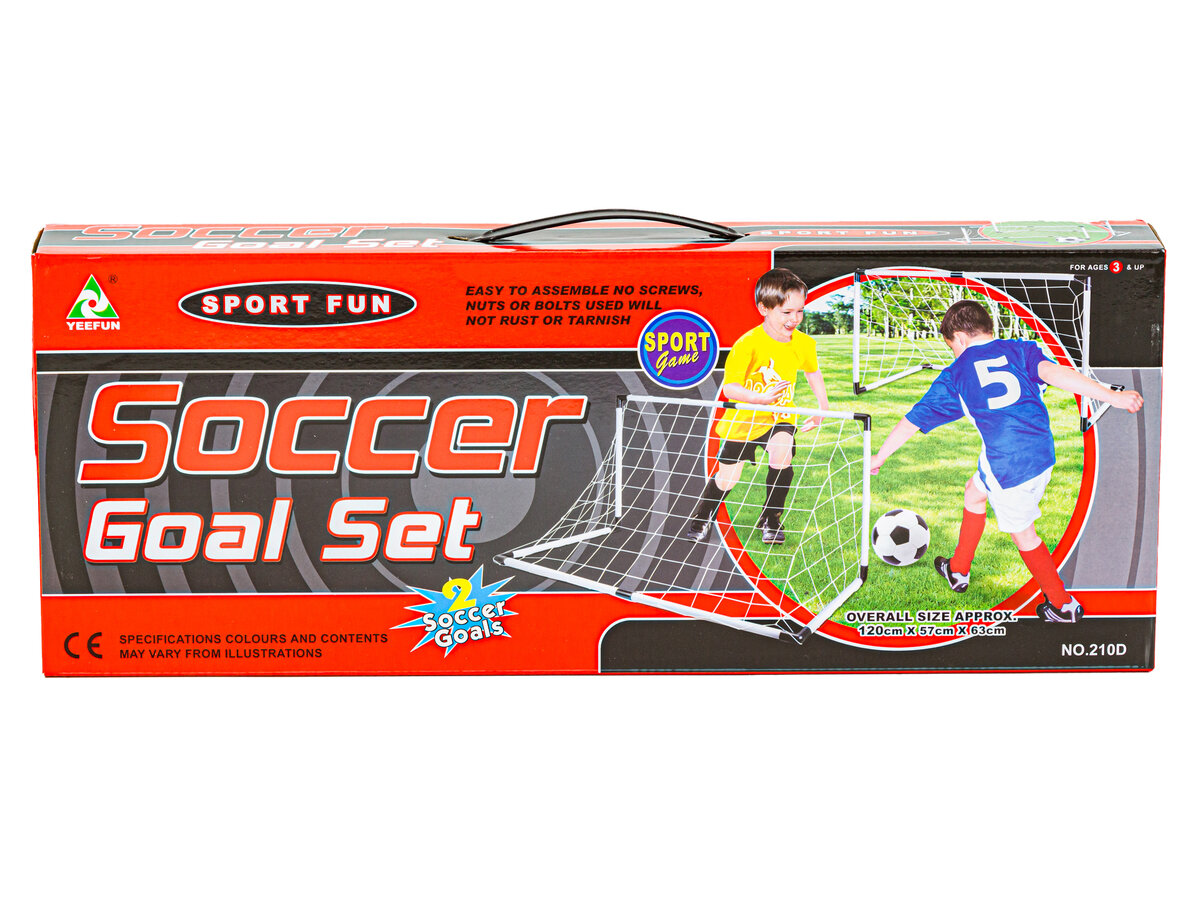 Opakowanie produktu z napisem \'Soccer Goal Set\' i zdjęciem dwóch dzieci grających w piłkę nożną. Widoczne są również informacje o wymiarach bramki: 120cm x 57cm x 36cm oraz logo \'YeeFun\'.