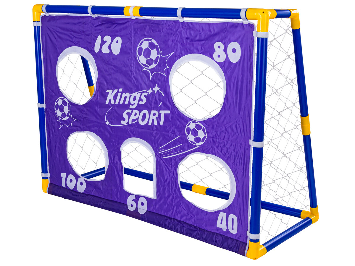 Fioletowa bramka do gry w piłkę nożną z pięcioma otworami, oznaczonymi punktami: 120, 80, 100, 60, 40. Na bramce widnieje napis \'Kings SPORT\' oraz grafiki piłek.