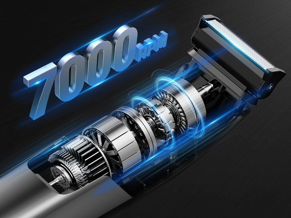 Obraz przedstawia trymer z widocznym wnętrzem, ukazującym mechanizm zębatkowy. Na obrazie widnieje napis \'7000 rpm\'.
