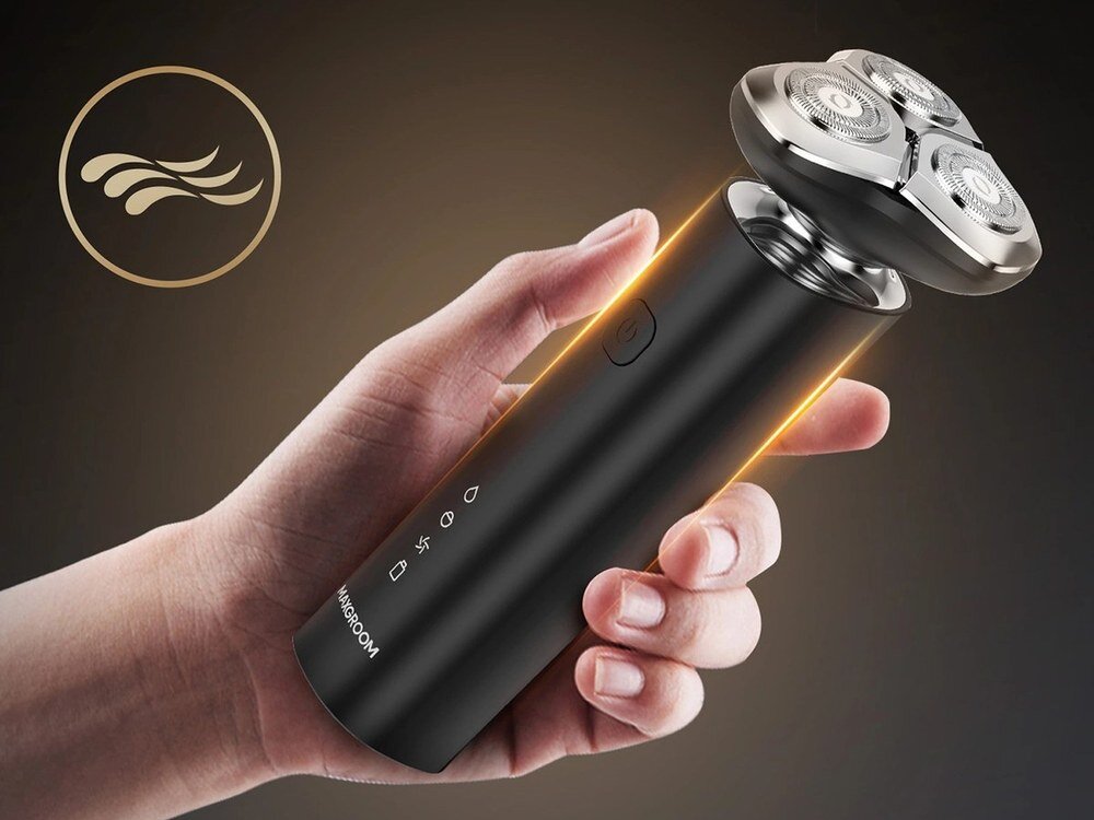 Golarka MAXGROOM BS-8012A 3w1 Na mokro i sucho zdjęcie lifestyle Cylindryczna, czarna obudowa wyraźne wskaźniki na korpusie około 60 minut ciągłej pracy Port USB-C 