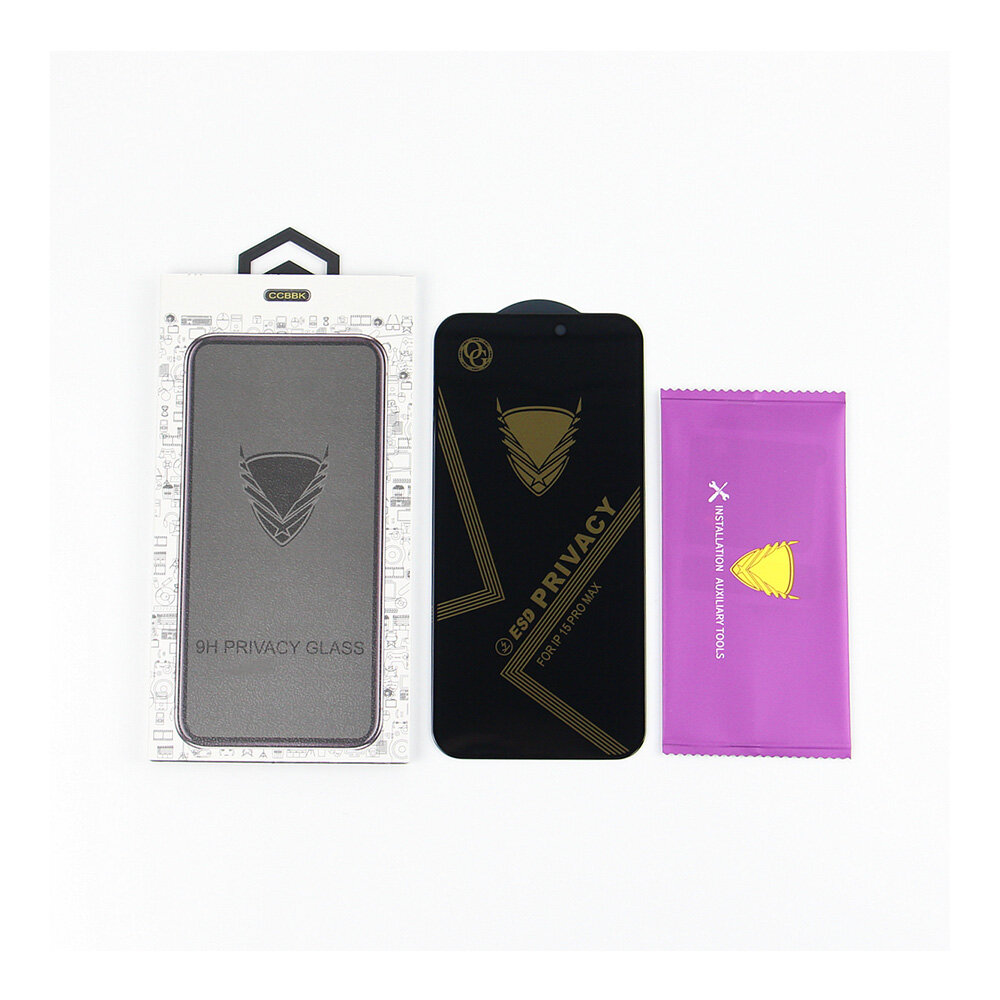 Na obrazie widoczne są trzy elementy: opakowanie z napisem \'9H PRIVACY GLASS\', czarne szkło z grafiką i napisem \'ESD PRIVACY FOR 6.7 PRO MAX\', oraz fioletowa saszetka z napisem \'INSTALLATION AUXILIARY TOOL\'.