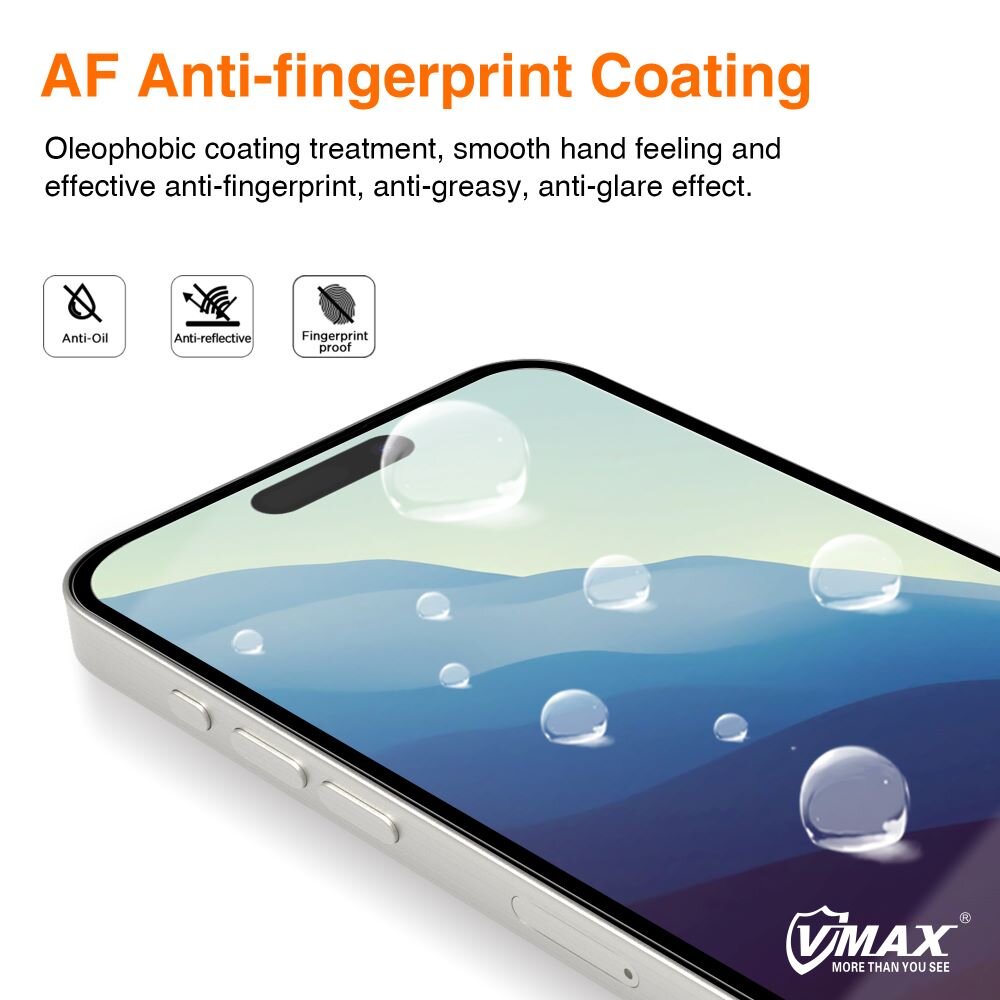 Obraz przedstawia telefon z nałożonym szkłem hartowanym, na którym widoczne są krople wody. Na górze znajduje się tekst: \'AF Anti-fingerprint Coating\' oraz opis właściwości powłoki oleofobowej, a w prawym dolnym rogu logo \'VMAX\'.
