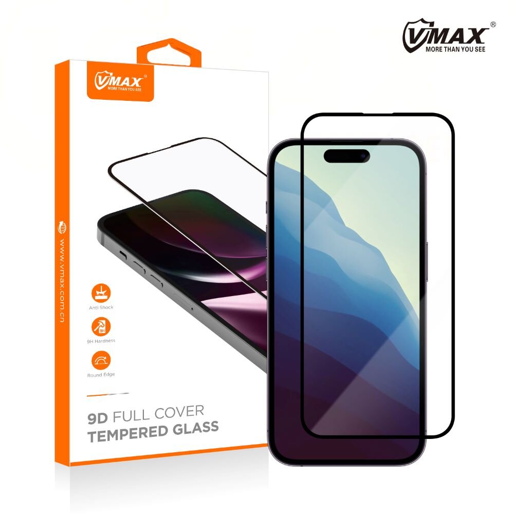 Na obrazie widoczna jest osłona ekranu telefonu oraz opakowanie z napisem \'9D FULL COVER TEMPERED GLASS\'. Logo \'VMAX\' znajduje się w lewym górnym rogu opakowania.