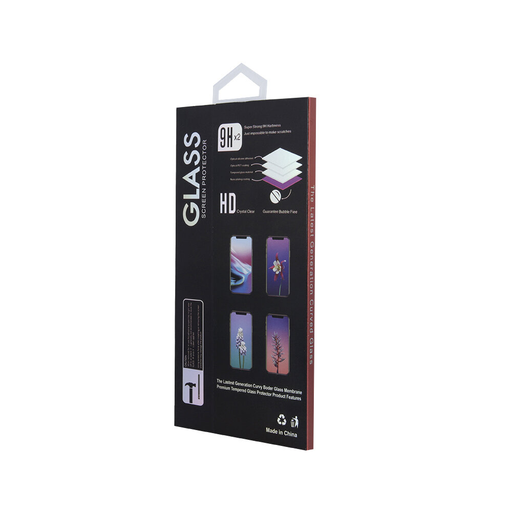 Opakowanie szkła ochronnego do ekranu z napisem \'GLASS SCREEN PROTECTOR\' oraz grafiką przedstawiającą warstwy ochronne. Widoczne są również ikony i teksty \'9H x2\', \'HD\', \'Crystal Clear\', \'Guarantee Bubble Free\' oraz \'Made in China\'.