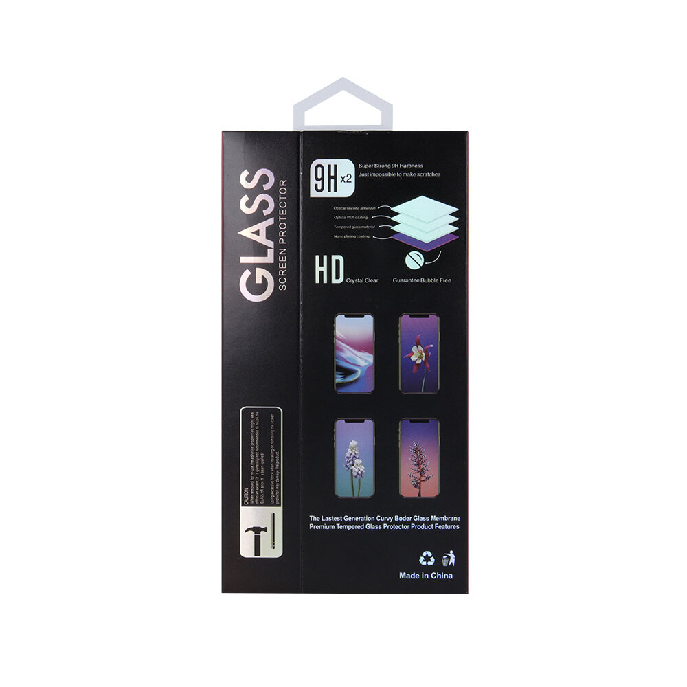Opakowanie szkła ochronnego z napisem \'GLASS SCREEN PROTECTOR\' oraz grafiką przedstawiającą warstwy ochronne i przykładowe ekrany. Widoczny tekst: \'9H x2\', \'HD\', \'Crystal Clear\', \'Guarantee Bubble Free\', \'Made in China\'.