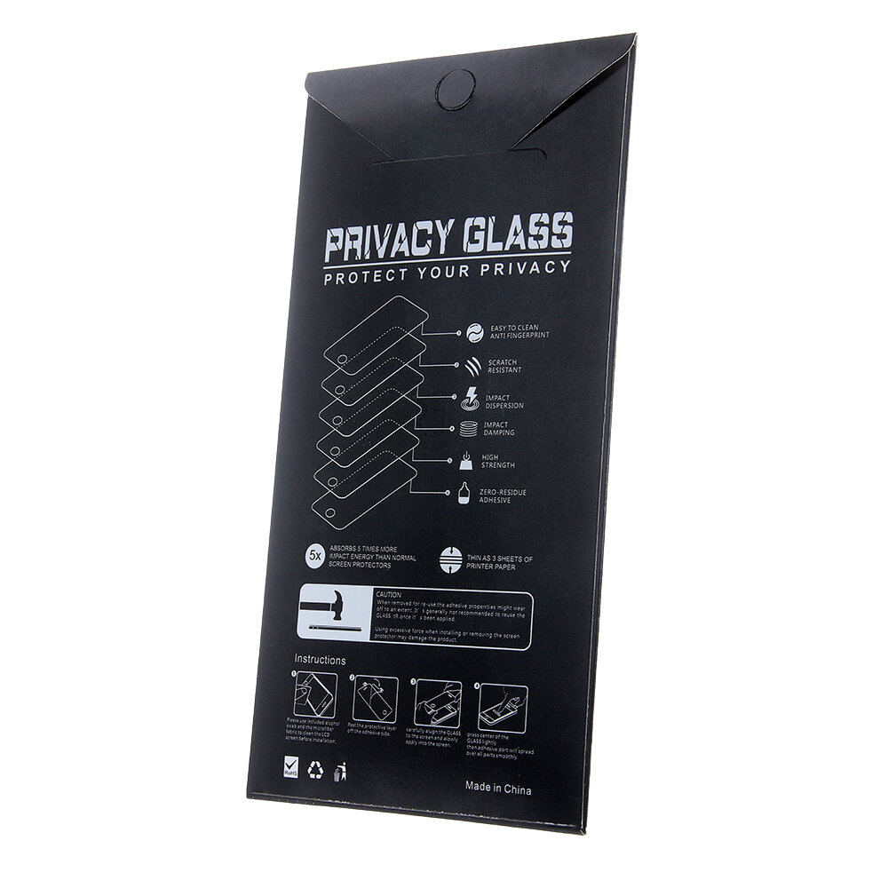 Opakowanie produktu z napisem \'PRIVACY GLASS PROTECT YOUR PRIVACY\' oraz instrukcjami dotyczącymi montażu szkła hartowanego. Na opakowaniu znajdują się ikony przedstawiające cechy produktu, takie jak odporność na zarysowania i łatwość czyszczenia.