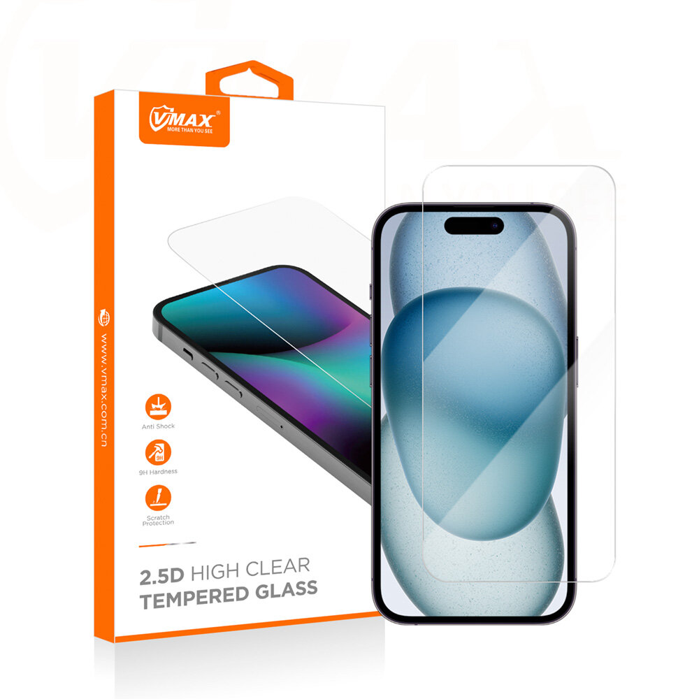 Opakowanie z napisem \'Vmax 2.5D High Clear Tempered Glass\' oraz przezroczyste szkło hartowane na ekranie telefonu. Na opakowaniu widoczne są ikony z napisami \'Anti Shock\' i \'9H Hardness\'.